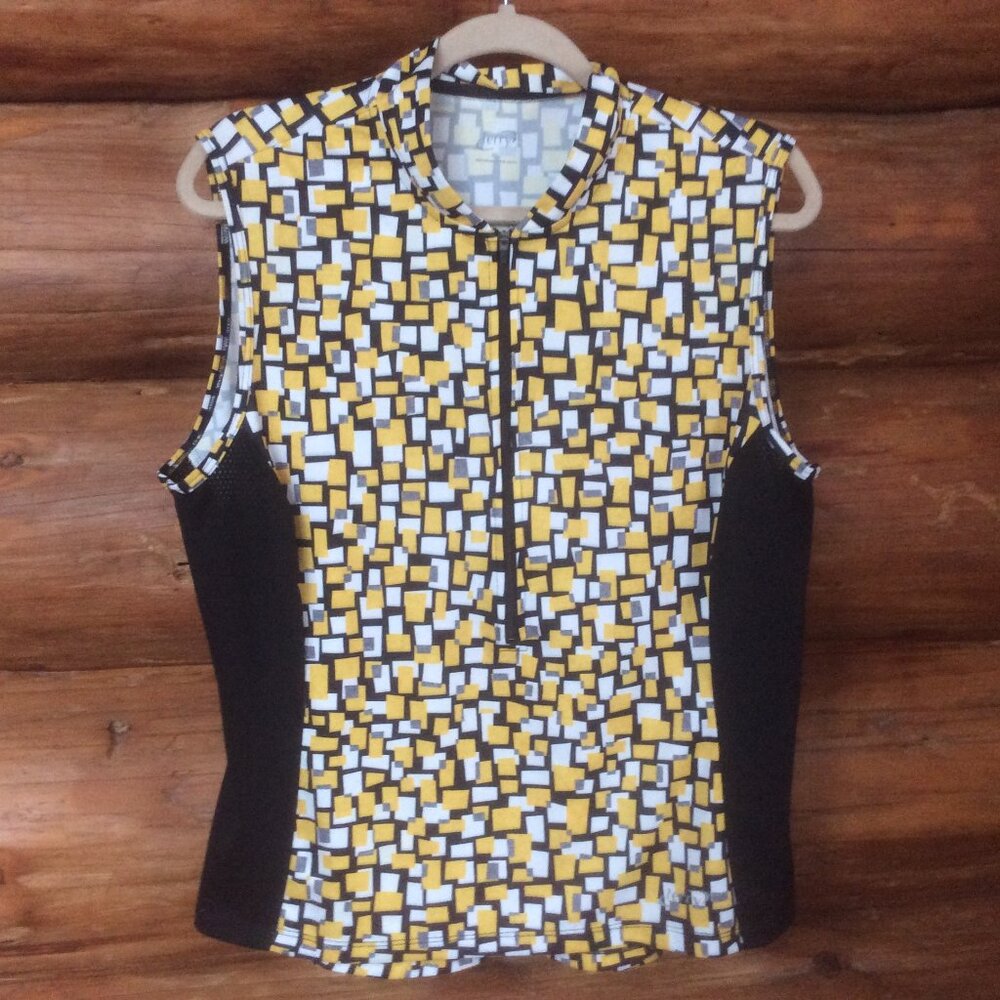 Terry Cycling Activewear Tank Top Yellow Geometric Mesh 2-Rear Pockets Size XXL